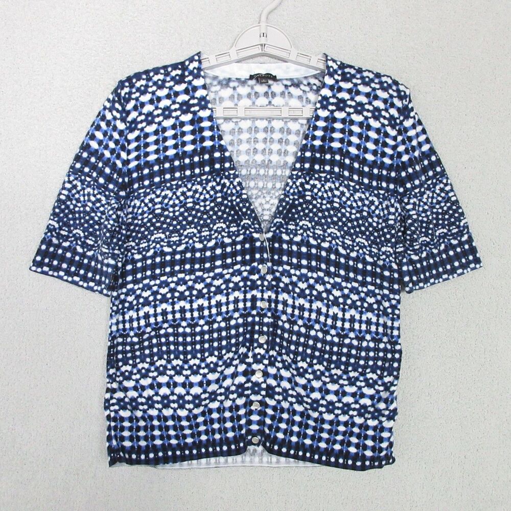 Talbots Blouse Womens S Blue White Geometric V-Neck Short Sleeve Button Front